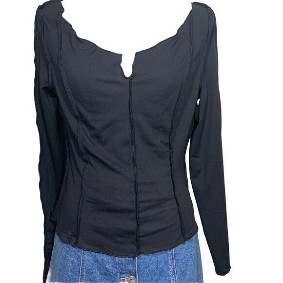 Elena M Black Long Sleeve Fitted Top Women’s Size S Notch Neck Stretchy - Picture 1 of 6